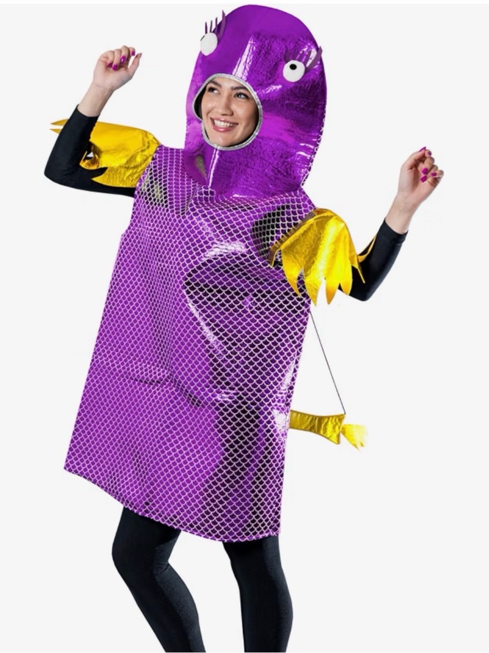 Unisex Purple Fish, Sea Creature Costume with Gold Fins